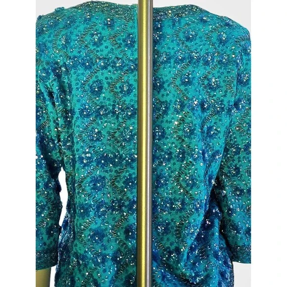 Vintage 60s Wool Beaded Sequin Sweater Back Zip Turquoise Silk-lined By Cavanagh